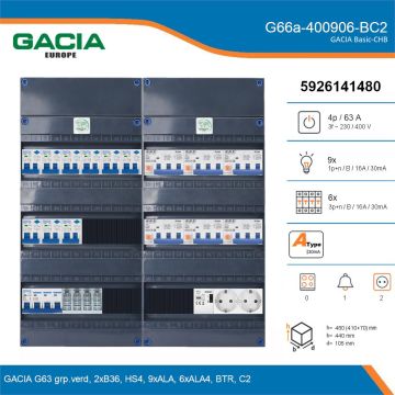 GACIA G66a-400906-BC2, 3-fase groepenkast 63A met aardlekautomaten, 15-groepen, beltrafo, 2V-contactdoos, details