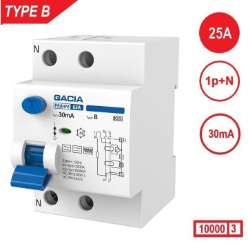 GACIA aardlekschakelaar Type B, 25Amp, 30mA, 1p+n, 10kA 
