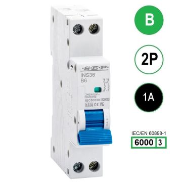SEP INS36-2B01, installatieautomaat 2p B1 6kA, 18mm, 1 modulen