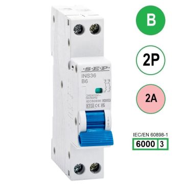 SEP INS36-2B02, installatieautomaat 2p B2 6kA, 18mm, 1 modulen