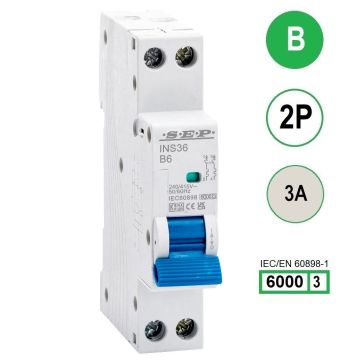 SEP INS36-2B03, installatieautomaat 2p B3 6kA, 18mm, 1 modulen