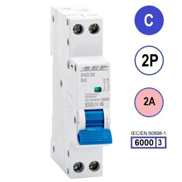 SEP INS36-2C02, installatieautomaat 2p C2 6kA, 18mm, 1 modulen