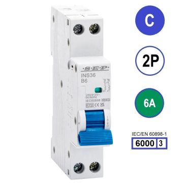 SEP INS36-2C06, installatieautomaat 2p C6 6kA, 18mm, 1 modulen