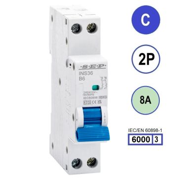 SEP INS36-2C08, installatieautomaat 2p C8 6kA, 18mm, 1 modulen