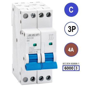SEP INS36-3C04, installatieautomaat 3p C4 6kA, 36mm, 2 modulen