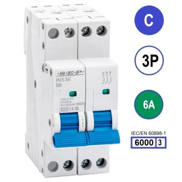 SEP INS36-3C06, installatieautomaat 3p C6 6kA, 36mm, 2 modulen