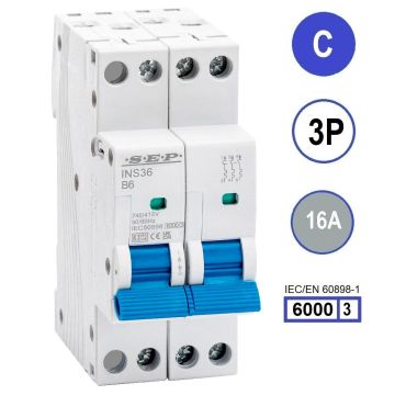 SEP INS36-3C16, installatieautomaat 3p C16 6kA, 36mm, 2 modulen