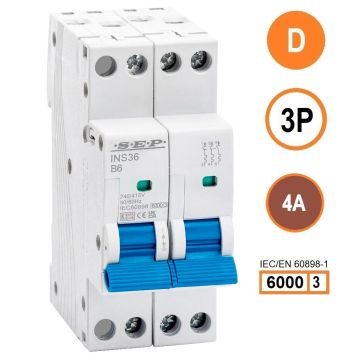 SEP INS36-3D04, installatieautomaat 3p D4 6kA, 36mm, 2 modulen