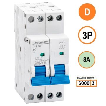 SEP INS36-3D08, installatieautomaat 3p D8 6kA, 36mm, 2 modulen