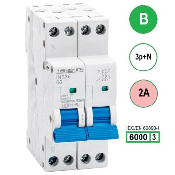 SEP INS36-3NB02, installatieautomaat 3p+n B2 6kA, 36mm, 2 modulen