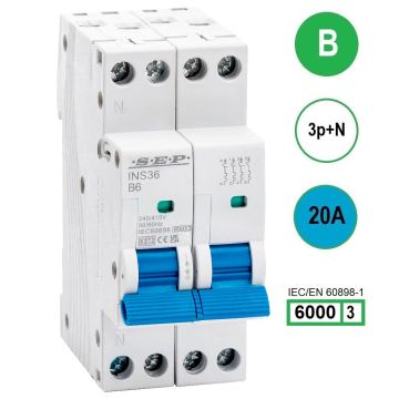 SEP INS36-3NB20, installatieautomaat 3p+n B20 6kA, 36mm, 2 modulen