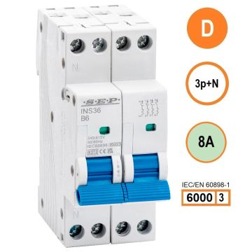 SEP INS36-3ND08, installatieautomaat 3p+n D08 6kA, 36mm, 2 modulen