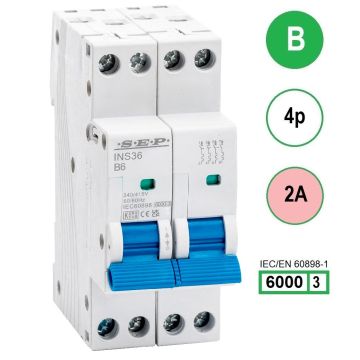 SEP INS36-4B02, installatieautomaat 4p B2 6kA, 36mm, 2 modulen