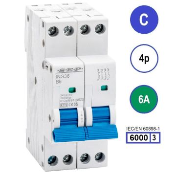 SEP INS36-4C06, installatieautomaat 4p C6 6kA, 36mm, 2 modulen