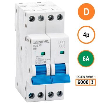 SEP INS36-4D06, installatieautomaat 4p D6 6kA, 36mm, 2 modulen