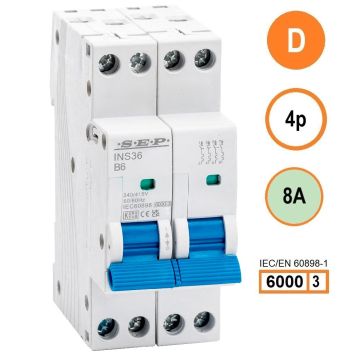 SEP INS36-4D08, installatieautomaat 4p D8 6kA, 36mm, 2 modulen