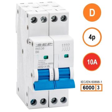 SEP INS36-4D10, installatieautomaat 4p D10 6kA, 36mm, 2 modulen