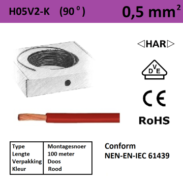 Schotman Elektro - SEP montagesnoer H05V2-k rood 0,5mm2 