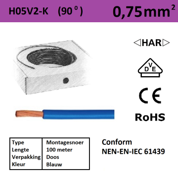 Schotman Elektro - SEP montagesnoer H05V2-k blauw 0,75mm