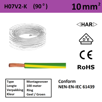 Schotman Elektro - SEP Montagesnoer 90 graden H07V2-K geel groen 10mm2