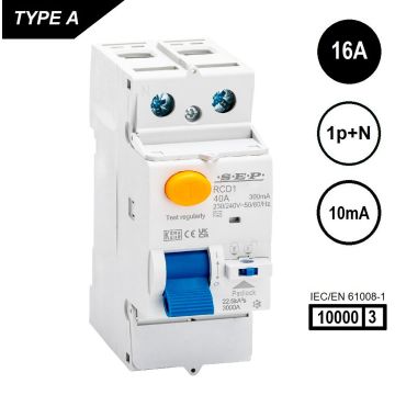 SEP RCD1-2A-01601, aardlekschakelaar 2p, Type A, 10kA, 16A, 10mA