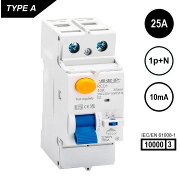 SEP RCD1-2A-02501, aardlekschakelaar 2p, Type A, 10kA, 25A, 10mA