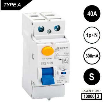 SEP RCD1-2A-04030S, aardlekschakelaar 2p, Type A[S], 10kA, 40A, 300mA