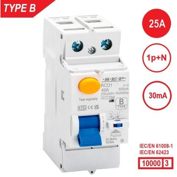 SEP RCD1-2B-02503, aardlekschakelaar 2p, Type B, 10kA, 25A, 30mA