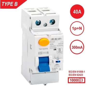 SEP RCD1-2B-04030, aardlekschakelaar 2p, Type B, 10kA, 40A, 300mA