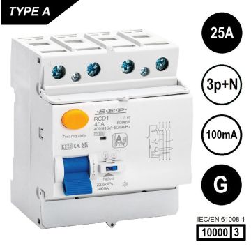 SEP RCD1-4A-02510G, aardlekschakelaar 4p, Type A[G], 10kA, 25A, 100mA