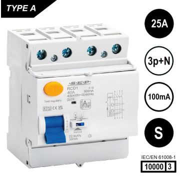 SEP RCD1-4A-02510S, aardlekschakelaar 4p, Type A[S], 10kA, 25A, 100mA