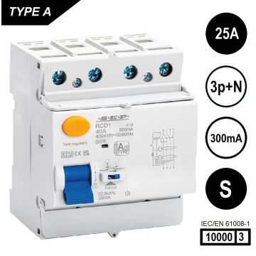 SEP RCD1-4A-02530S, aardlekschakelaar 4p, Type A[S], 10kA, 25A, 300mA