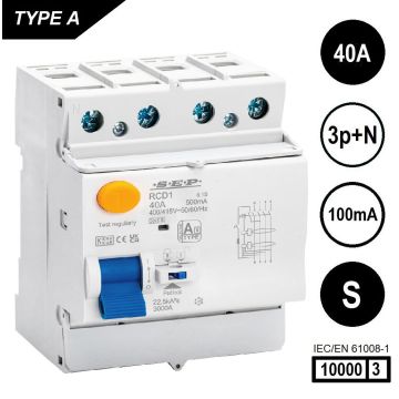 SEP RCD1-4A-04010S, aardlekschakelaar 4p, Type A[S], 10kA, 40A, 100mA