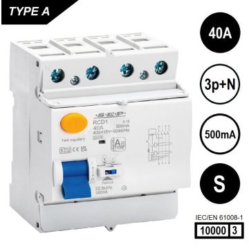 SEP RCD1-4A-04050S, aardlekschakelaar 4p, Type A[S], 10kA, 40A, 500mA