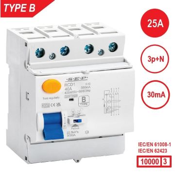 SEP RCD1-4B-02503, aardlekschakelaar 4p, Type B, 10kA, 25A, 30mA
