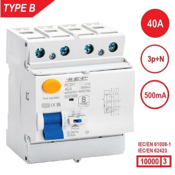 SEP RCD1-4B-04050, aardlekschakelaar 4p, Type B, 10kA, 40A, 500mA