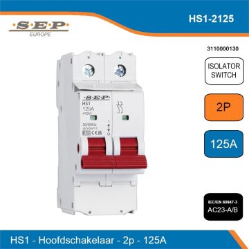 SEP Europe Titan (Pro) HS2 hoofdschakelaar 2-polig 125A, 2 modules (36 mm), AC21A/B, AC22A/B, AC23A/B, DC22 en DC23