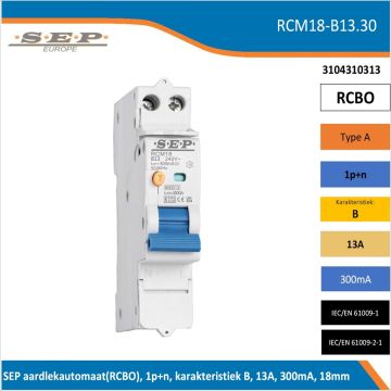 SEP RCM18-B13.30 aardlekautomaat RCBO 1P+N, B-karakteristiek, 13A, 300mA, 6kA - artikelnummer 3104310313 - spanningsonafhankelijk - 18mm breed