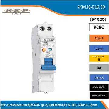 SEP RCM18-B16.30 aardlekautomaat RCBO 1P+N, B-karakteristiek, 16A, 300mA, 6kA - artikelnummer 3104310316 - spanningsonafhankelijk - 18mm breed