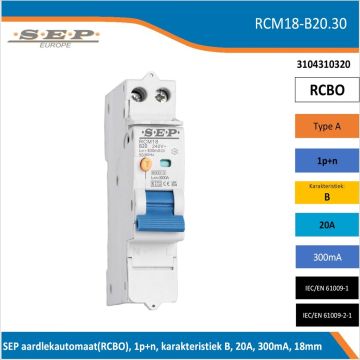 SEP RCM18-B20.30 aardlekautomaat RCBO 1P+N, B-karakteristiek, 20A, 300mA, 6kA - artikelnummer 3104310320 - spanningsonafhankelijk - 18mm breed