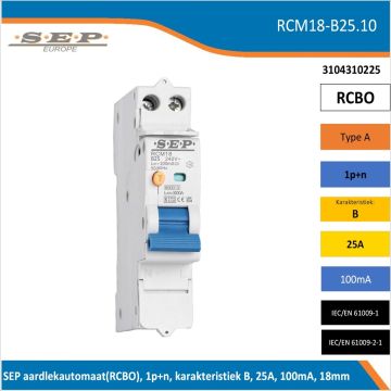 SEP RCM18-B25.10 aardlekautomaat RCBO 1P+N, B-karakteristiek, 25A, 100mA, 6kA - artikelnummer 3104310225 - spanningsonafhankelijk - 18mm breed