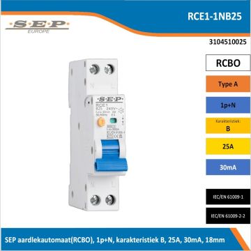 SEP RCE1-1NB25 aardlekautomaat RCBO 1P+N, B-karakteristiek, 25A, 30mA, 6kA - artikelnummer 3104510025 - spanningsafhankelijk - 18mm breed