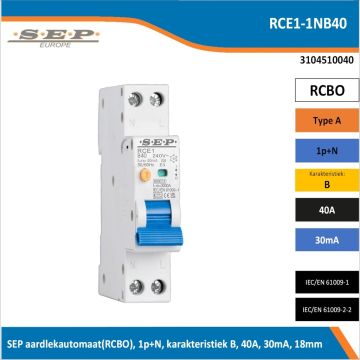 SEP RCE1-1NB40 aardlekautomaat RCBO 1P+N, B-karakteristiek, 40A, 30mA, 6kA - artikelnummer 3104510040 - spanningsafhankelijk - 18mm breed