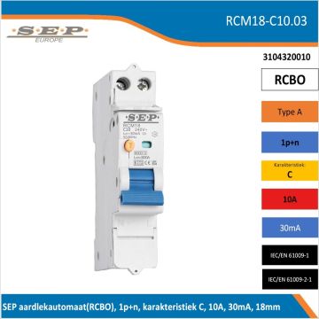 SEP RCM18-C10.03 aardlekautomaat RCBO 1P+N, B-karakteristiek, 10A, 30mA, 6kA - artikelnummer 3104320010 - spanningsonafhankelijk - 18mm breed