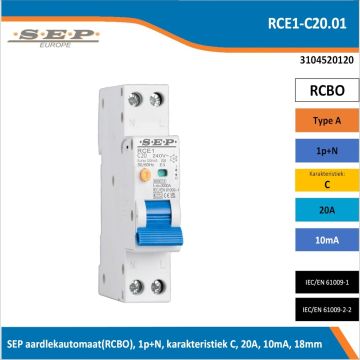 SEP RCE1-C20.01 aardlekautomaat RCBO 1P+N, C-karakteristiek, 20A, 10mA, 6kA - artikelnummer 3104520120 - spanningsafhankelijk - 18mm breed