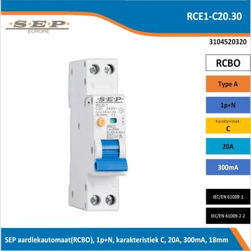 SEP RCE1-C20.30 aardlekautomaat RCBO 1P+N, C-karakteristiek, 20A, 30mA, 6kA - artikelnummer 3104520320 - spanningsafhankelijk - 18mm breed