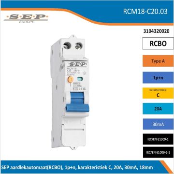 SEP RCM18-C20.03 aardlekautomaat RCBO 1P+N, B-karakteristiek, 20A, 30mA, 6kA - artikelnummer 3104320020 - spanningsonafhankelijk - 18mm breed