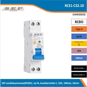 SEP RCE1-C32.10 aardlekautomaat RCBO 1P+N, C-karakteristiek, 32A, 100mA, 6kA - artikelnummer 3104520232 - spanningsafhankelijk - 18mm breed