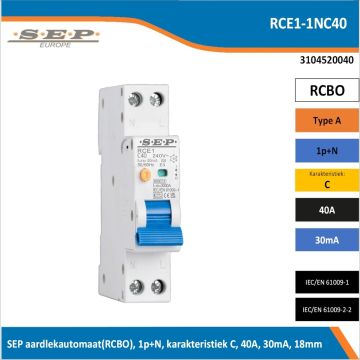 SEP RCE1-1NC40 aardlekautomaat RCBO 1P+N, C-karakteristiek, 40A, 30mA, 6kA - artikelnummer 3104520040 - spanningsafhankelijk - 18mm breed