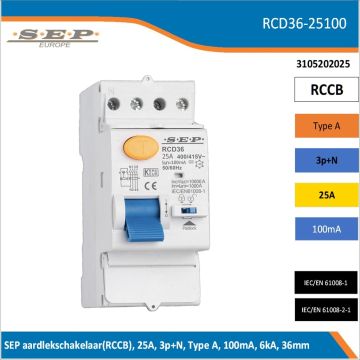 SEP RCD36-25100 aardlekschakelaar – compacte 4-polige RCCB 25A / 100mA in behuizing, zij- en vooraanzicht